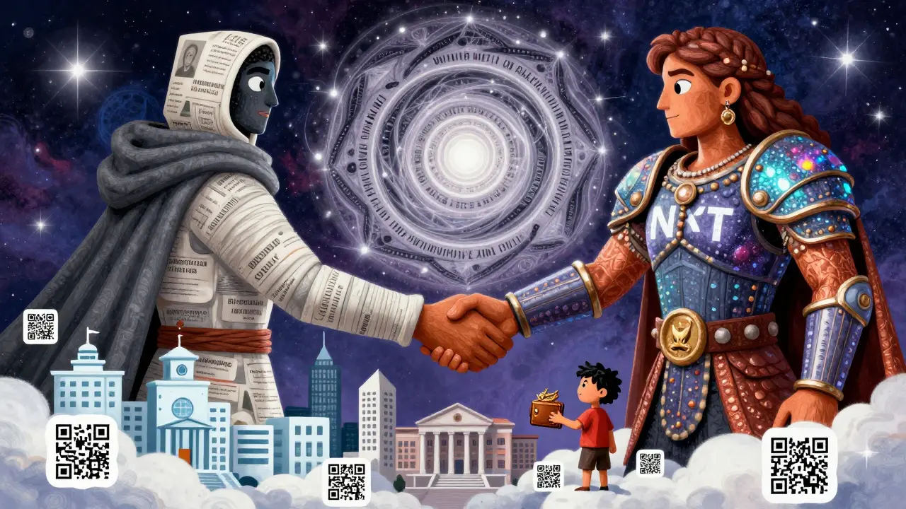 Two figures shaking hands surrounded by a zero-knowledge proof mandala, representing privacy and trust in digital identity.