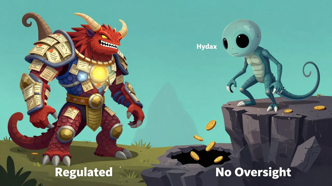 Two mythical creatures side by side: one armored and safe, the other fragile and crumbling near a dark abyss.