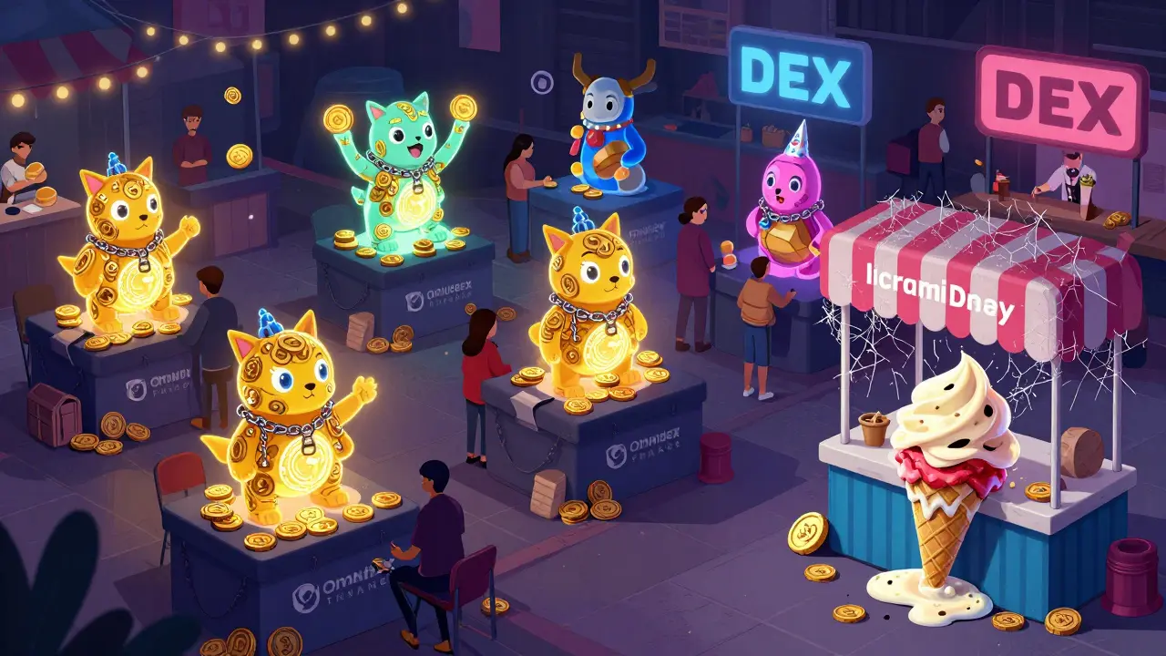 Vibrant DEX marketplace with active booths, while a forgotten IceCreamSwap stall lies abandoned and covered in cobwebs.
