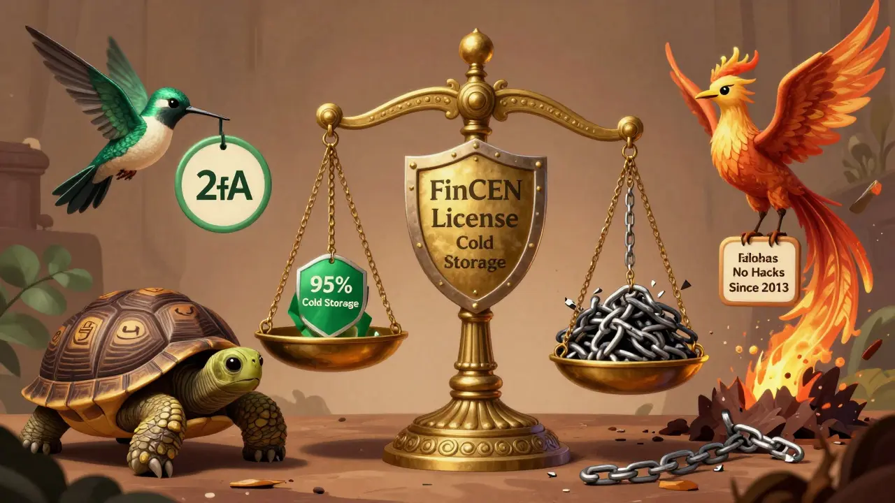 A balance scale weighing regulatory security against scam chains, surrounded by fantastical guardian creatures.