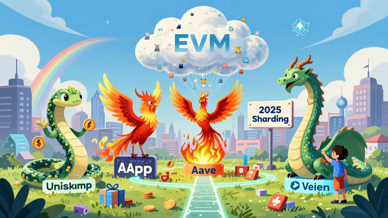 A city of living DApp structures like a serpent, phoenix, and dragon, under a glowing EVM cloud in alebrije art style.