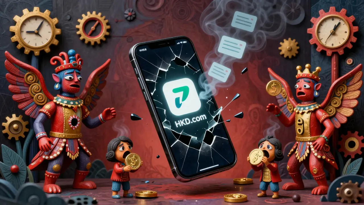 A cracked phone screen leaking smoke, with tiny users trapped inside, surrounded by ghostly support tickets in Alebrije art style.