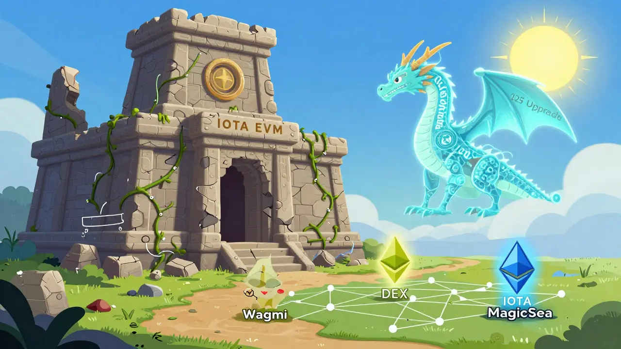 A crumbling IOTA EVM temple faces a rising MoveVM dragon, with two DEXs competing below, representing Wagmi's uncertain future after the IOTA Rebased upgrade.