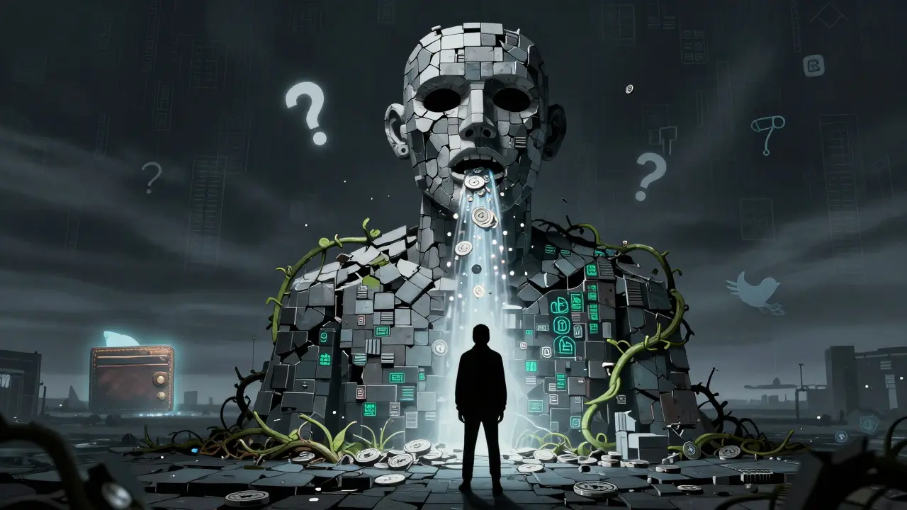 A crumbling statue of Khaby Lame drains tokens into nothing, while a fading Twitter bird and abandoned wallet loom in the background.