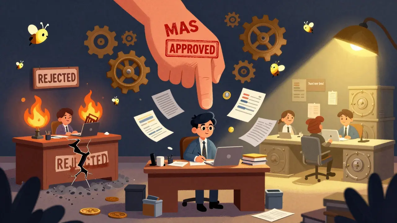 A crypto founder faces a giant MAS stamp above chaotic documents, with rejected papers burning and approved operations glowing nearby.
