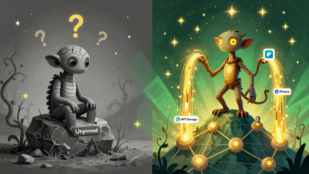 A fading NFT on a barren rock contrasts with a thriving NFT guardian on a node mountain, symbolizing unpinned vs pinned storage in Alebrije art.