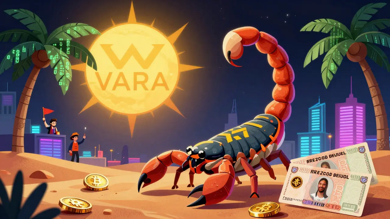 A fantastical UAE-themed beast standing in a neon desert with crypto coins and free zone licenses floating around.