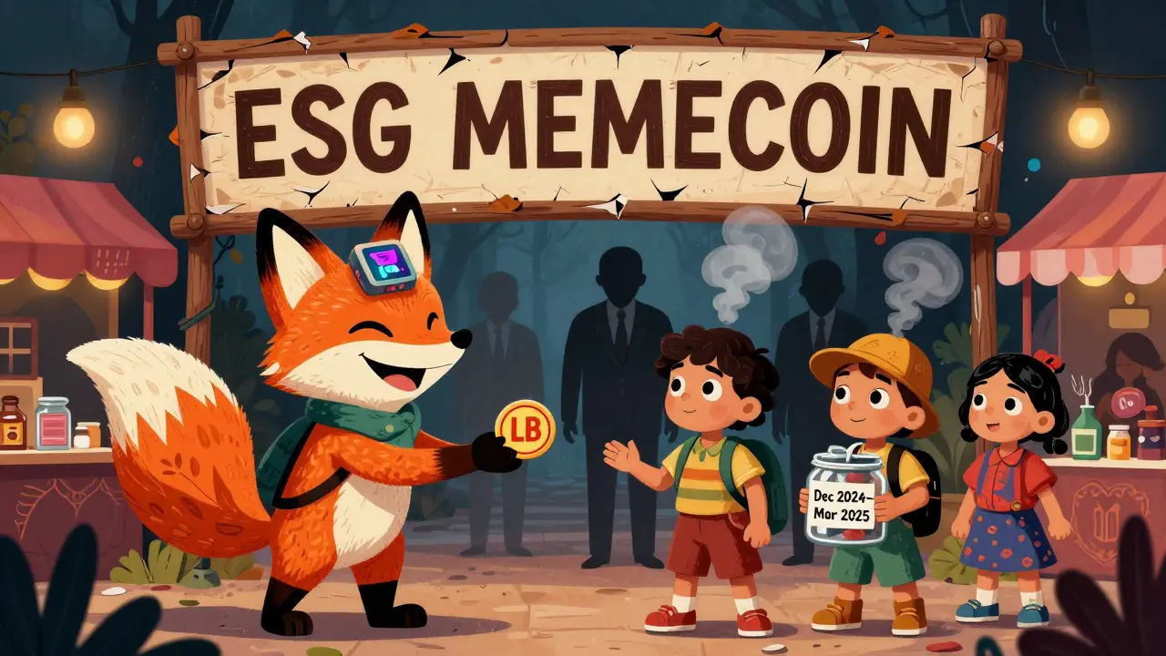 A fox with a blockchain tail gives LB tokens to children under a crumbling 'ESG MEMECOIN' sign, with shadowy figures vanishing behind.