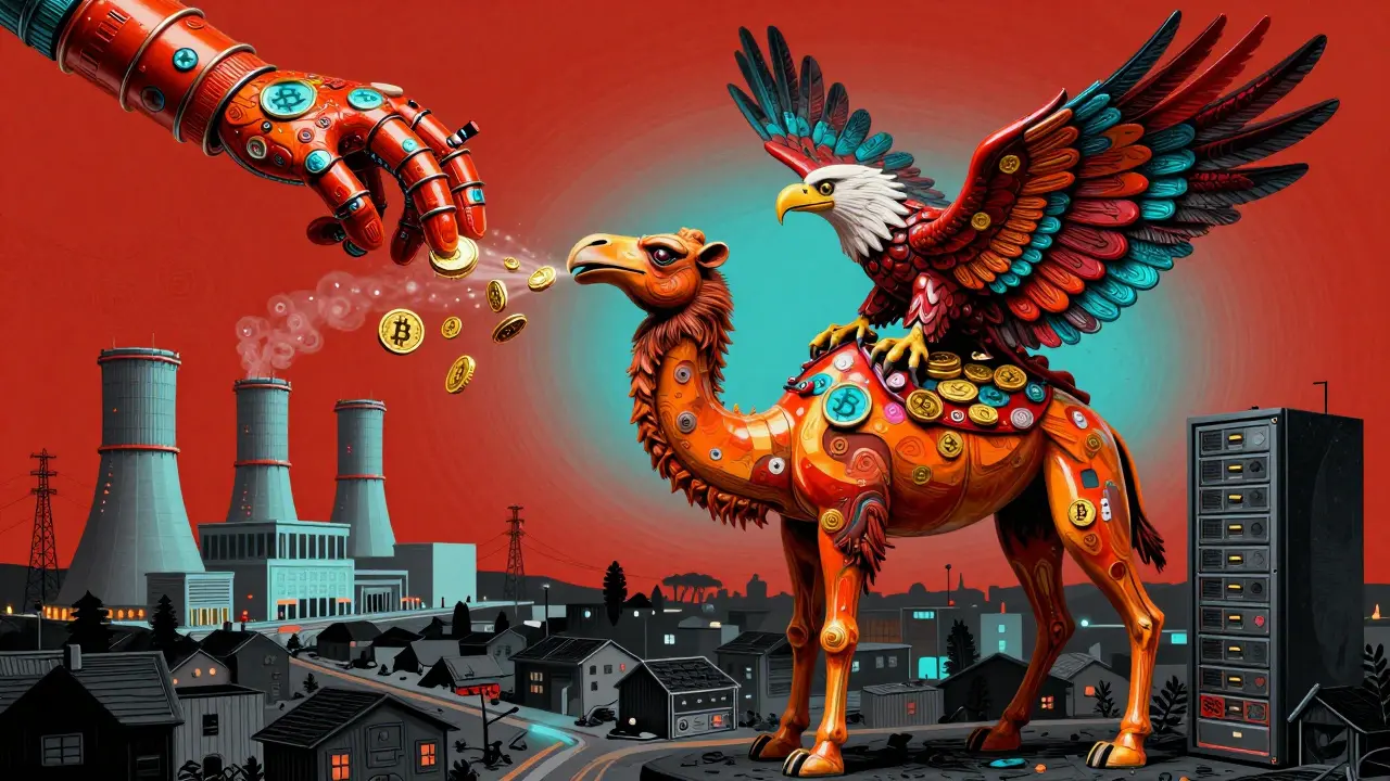 A giant hybrid creature made of server racks and power lines, fueled by electricity and spewing Bitcoin coins into the sky.