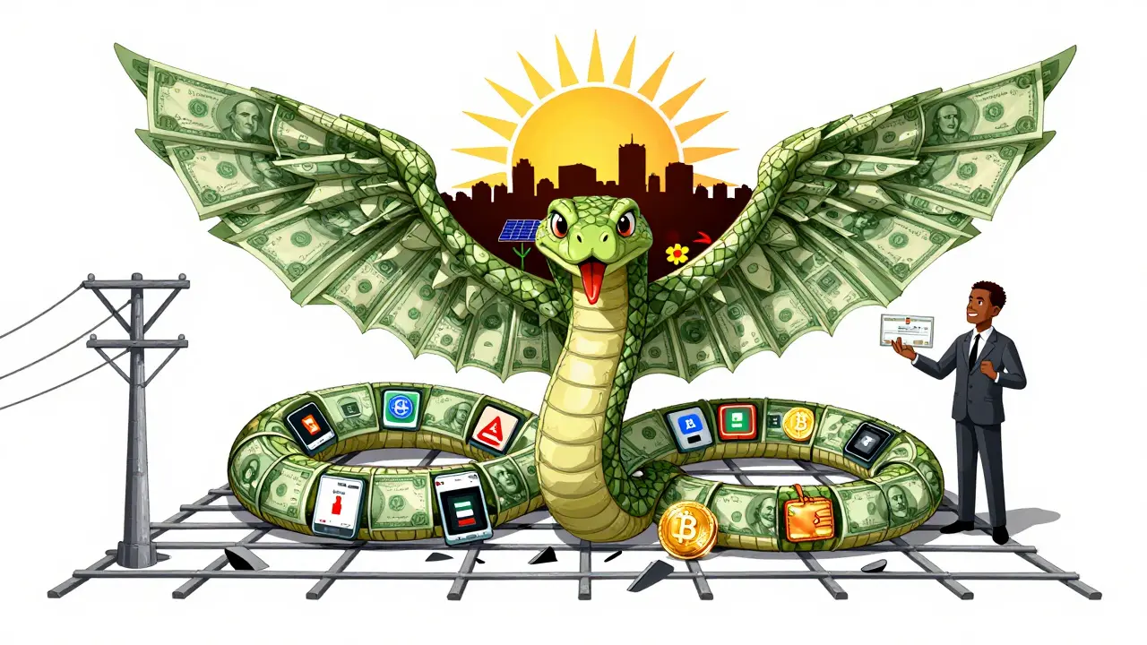 A giant serpent wrapped around a power grid, with P2P apps and crypto wallets on its body, while solar panels bloom beneath a rising sun.