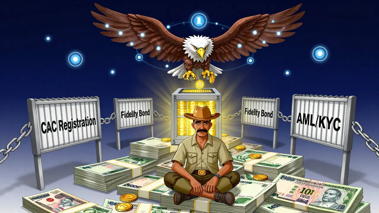 A lone miner surrounded by regulatory chains, watched by a blockchain eagle dropping coins into a solar battery bank.