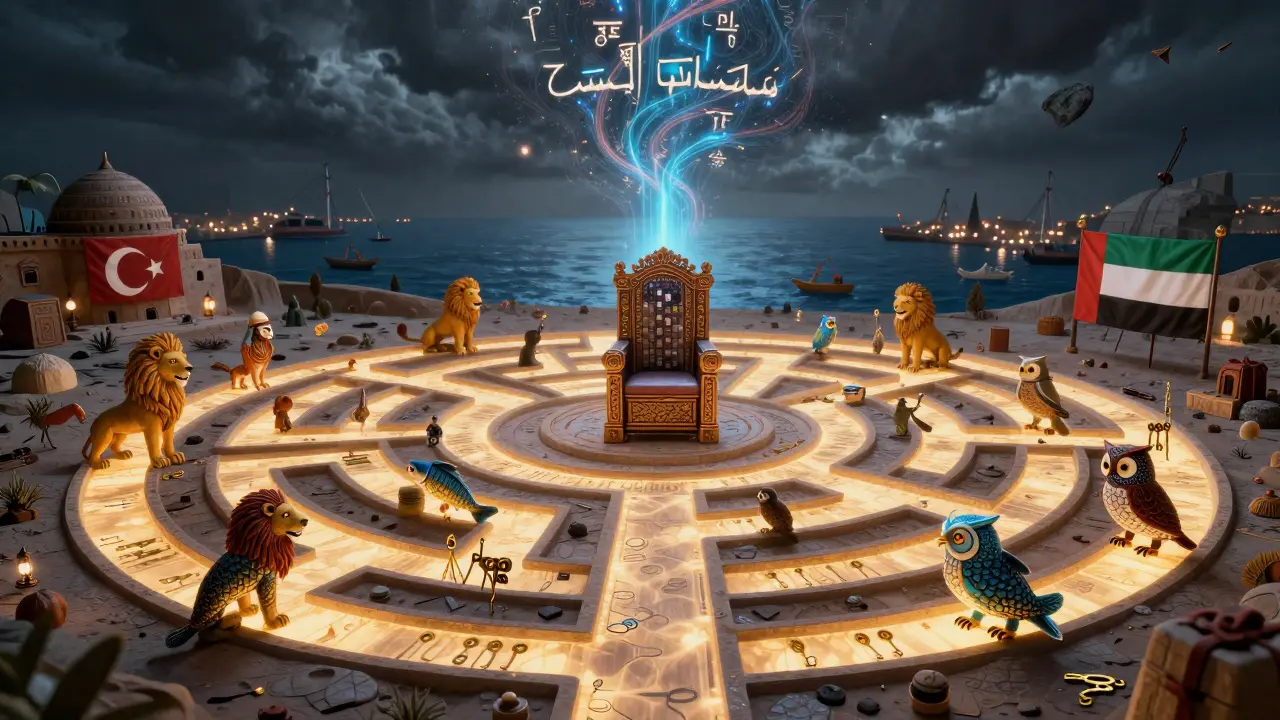 A magical network of pathways connecting Iranian mining sites to global trade hubs, guarded by mythical crypto creatures.