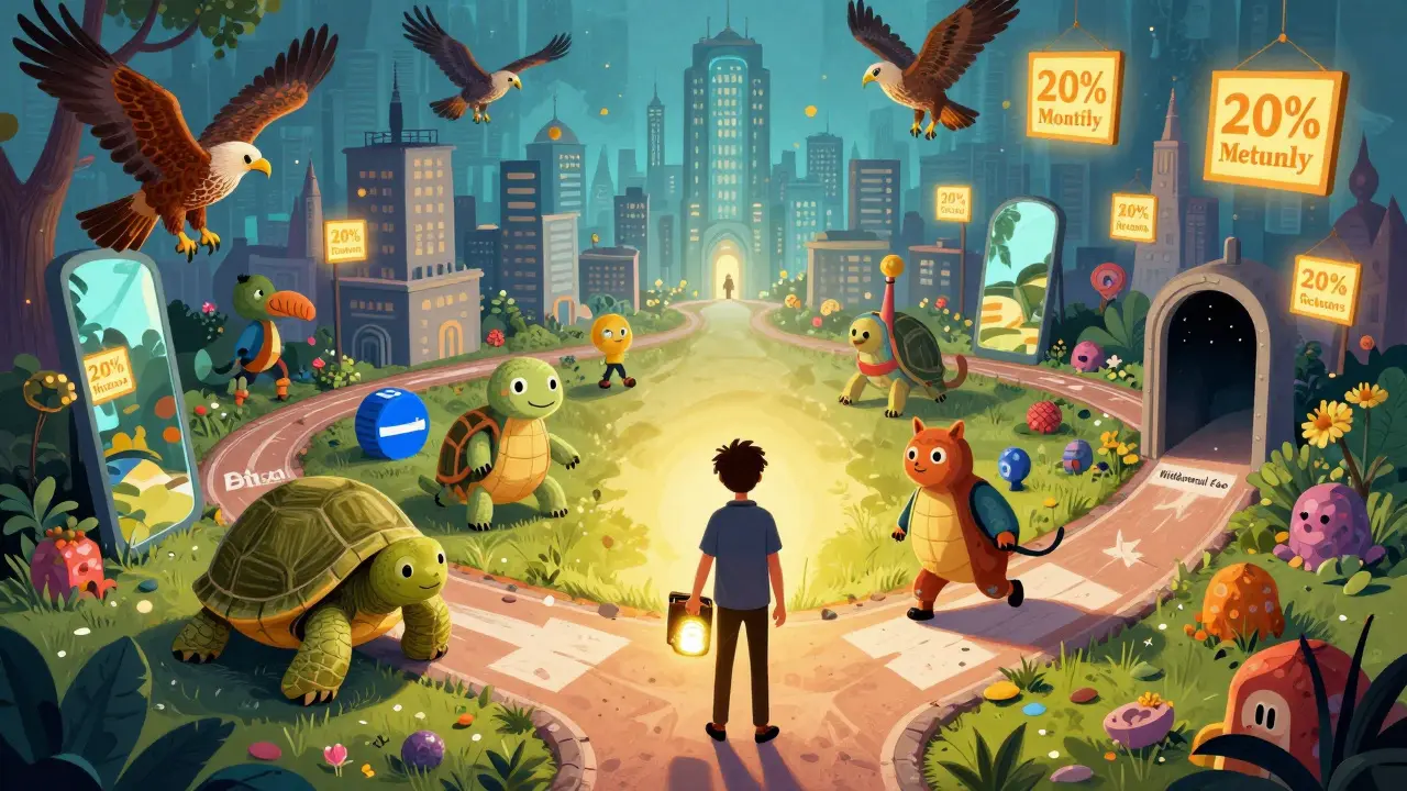 A person at a crossroads choosing between safe exchanges and a maze of fake crypto promises in colorful alebrije art.