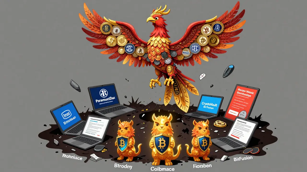 A regulatory phoenix soaring over buried scam exchanges, while trusted crypto platforms stand as glowing totem animals.