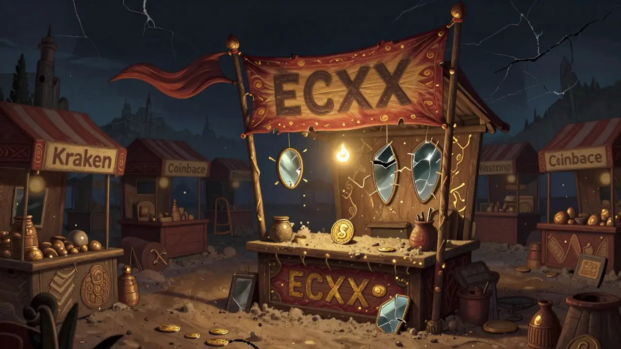 A single frozen ECXX stall in an empty marketplace, with a glowing MyInfo symbol above it, surrounded by thriving rival exchanges.