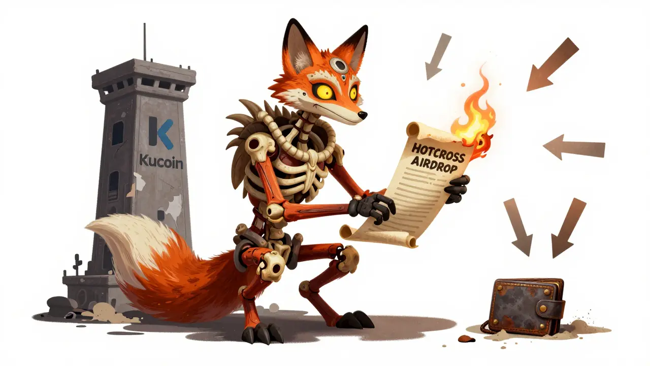 A skeletal fox holding a burning HOTCROSS airdrop scroll, with an abandoned exchange tower and rusted wallet in the background.