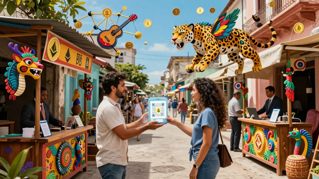 A street vendor in Havana accepts Ethereum from a customer via a glowing QR code, watched over by mythical crypto creatures.