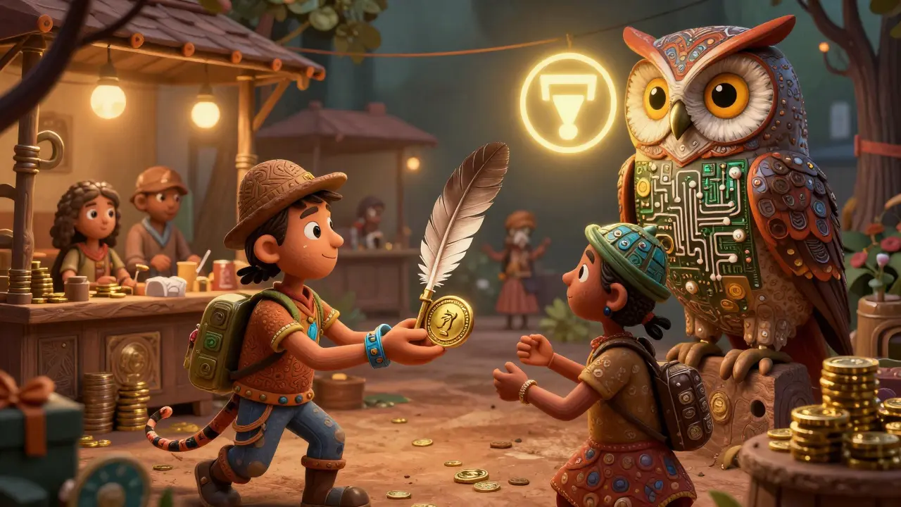 A surreal marketplace where people trade governance tokens for reputation badges, watched over by a circuit-feathered owl.