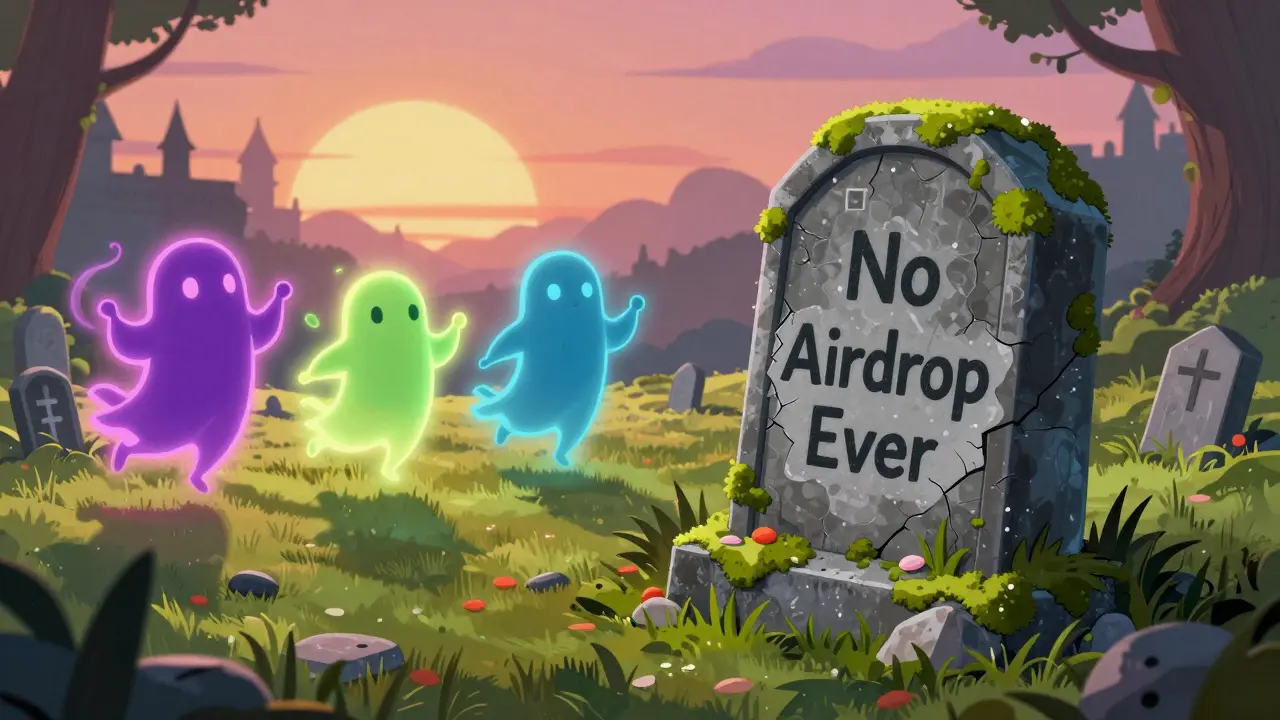 A tombstone for HOTCROSS in a crypto graveyard, while vibrant active airdrop projects glow in the distance under sunrise.