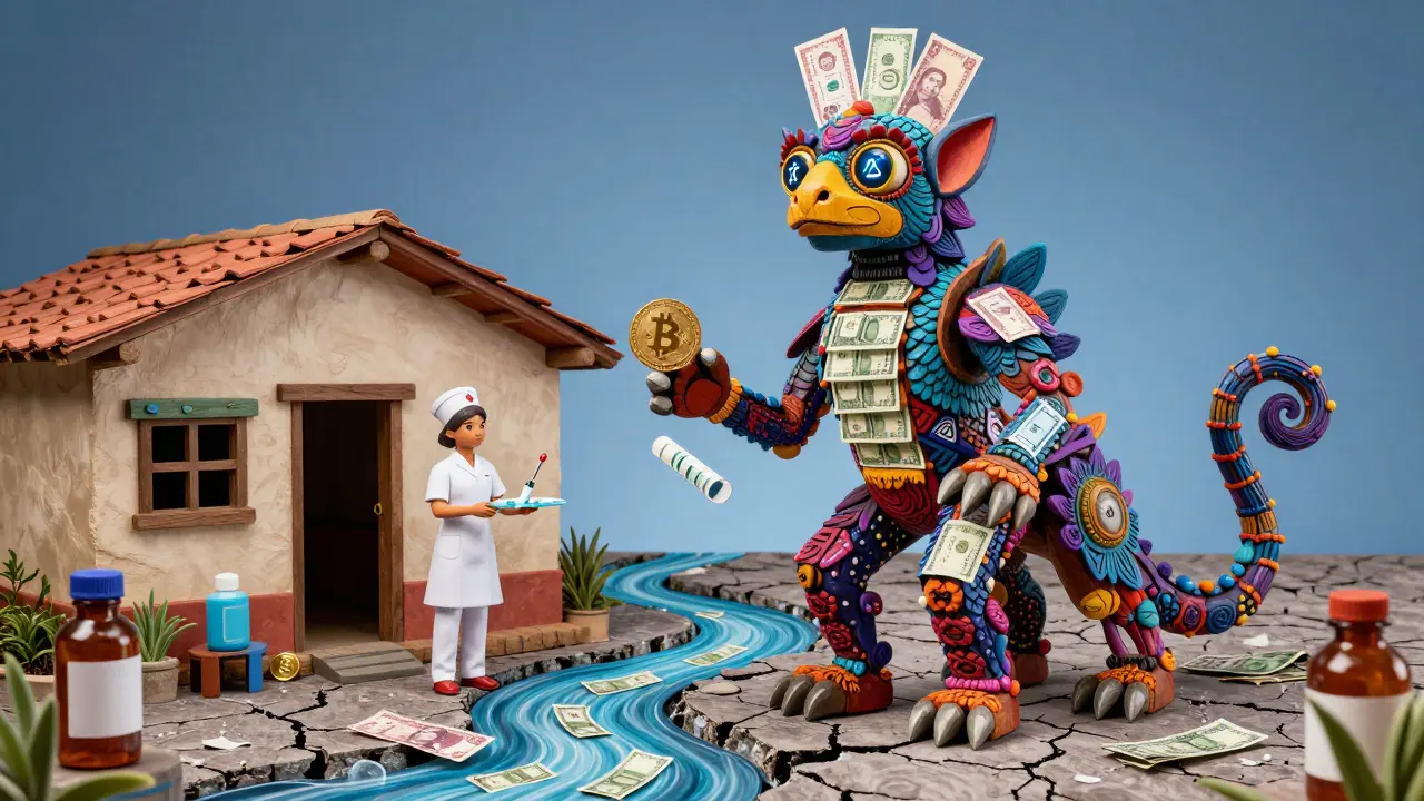 A towering spirit animal representing Cuba's crypto regulation stands beside a home where Bitcoin is converted for essential medicine.