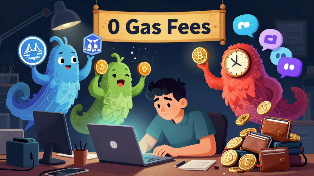 A trader surrounded by whimsical Alebrije spirits interacts with a 'Wagmi' DEX interface, illustrating the complex bridging process and zero gas fees.