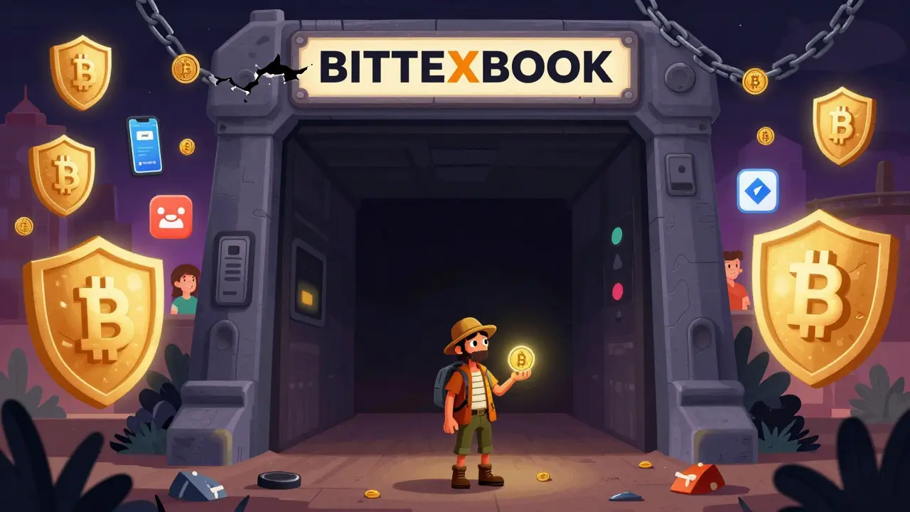 A traveler frozen before an empty, dark portal labeled BITEXBOOK, while other exchanges glow safely in the distance.