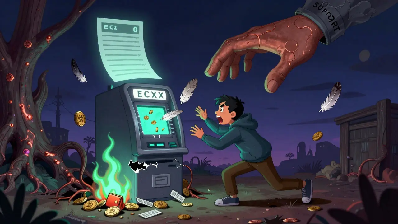 A user at a broken ECXX ATM that spits feathers, while a vanished support hand reaches from the sky in eerie twilight.