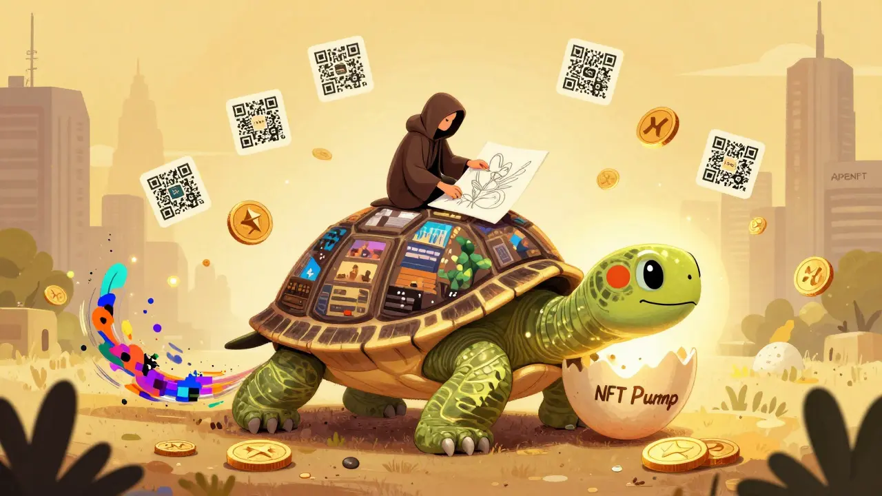 A winged turtle with an NFT shell hatching from NFT Pump, an artist adding art to its back amid floating QR codes and TRX coins.