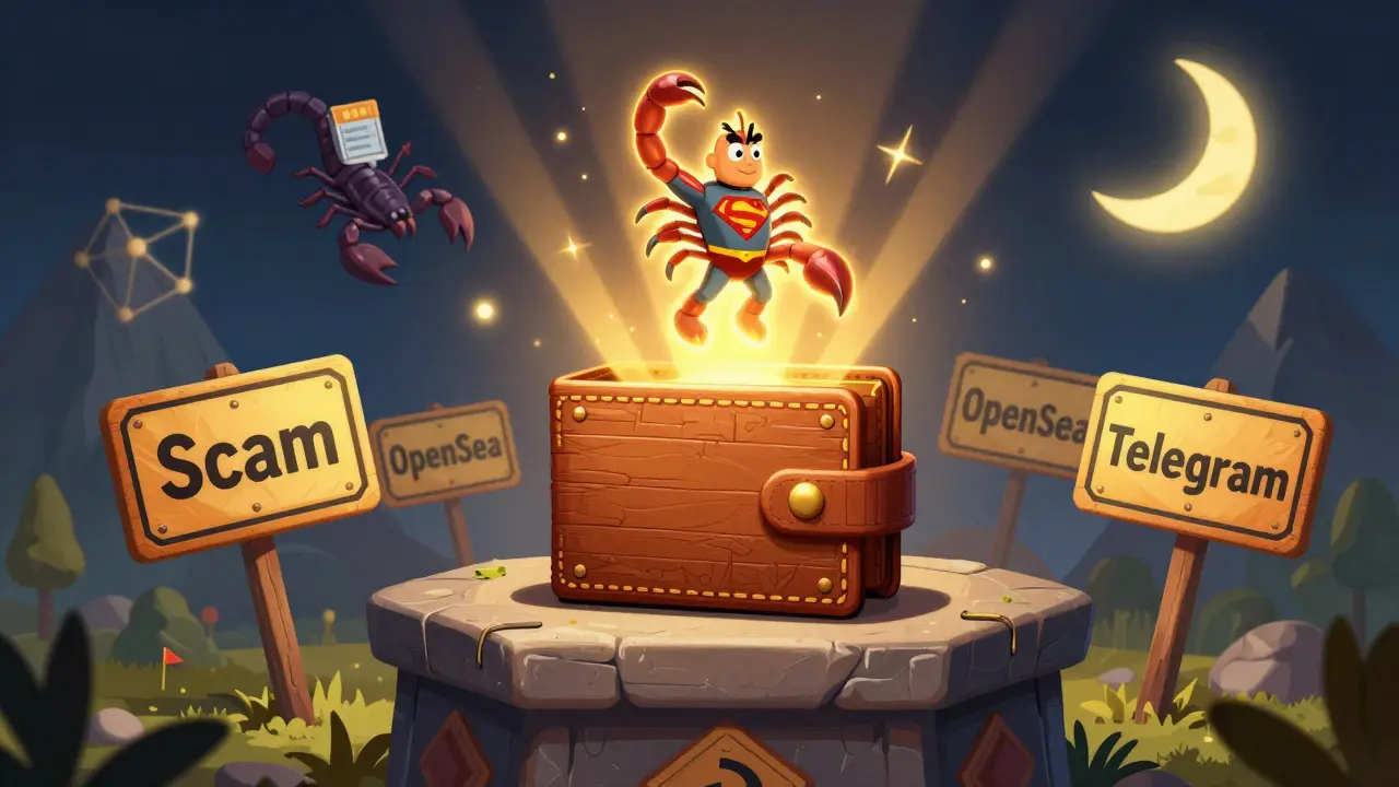 A wooden wallet on an altar, protected by a glowing NFT as scam symbols retreat, under a blockchain moon in Alebrije style.