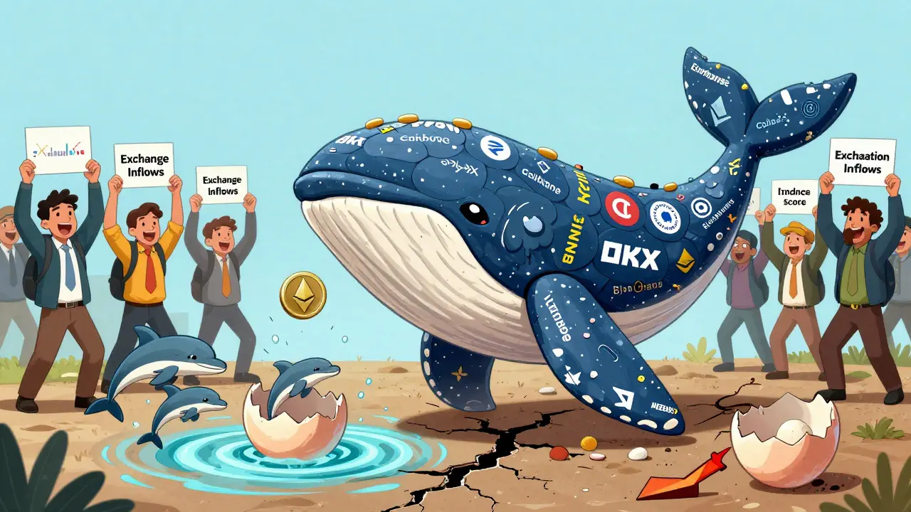 An Ethereum whale sheds exchange-themed scales as retail traders celebrate, while coins flow into exchange platforms.