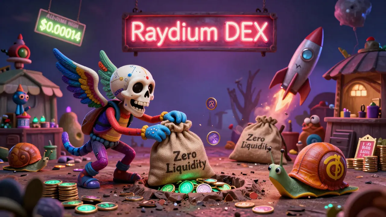 Colorful fantastical creatures trade tokens in a chaotic market, one dumping them into a pit labeled 'Zero Liquidity.'