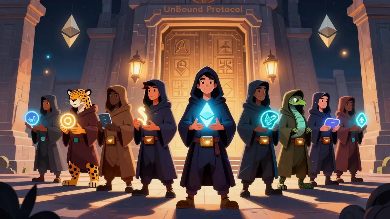 Crypto pioneers holding glowing NFT artifacts before a digital temple, illuminated by Ethereum lanterns in Alebrije artistic style.