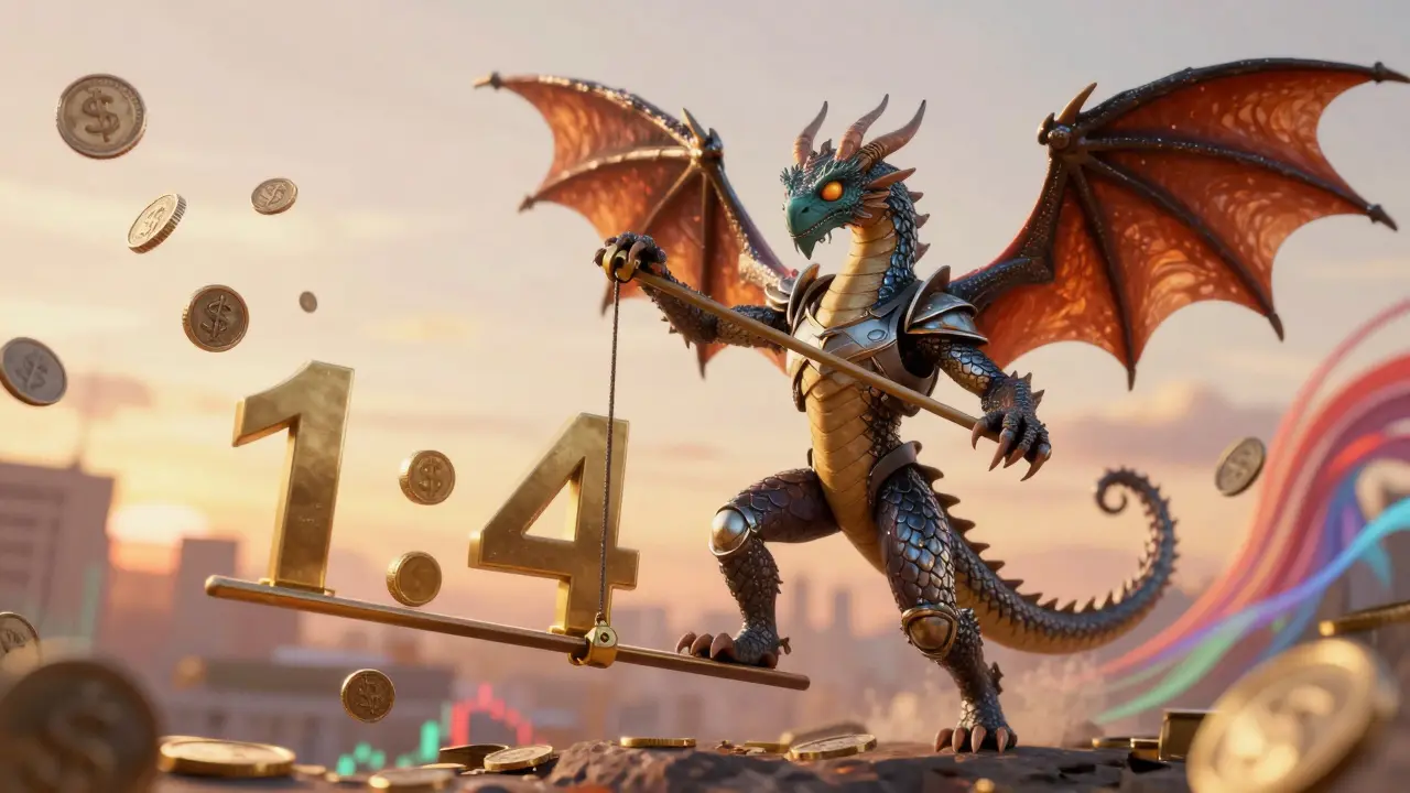 Dragon-like Alebrije trader balancing leverage lever with floating coins. Abstract market colors background.