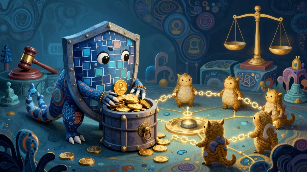 Shield creature protecting coins with decentralized network of connected creatures