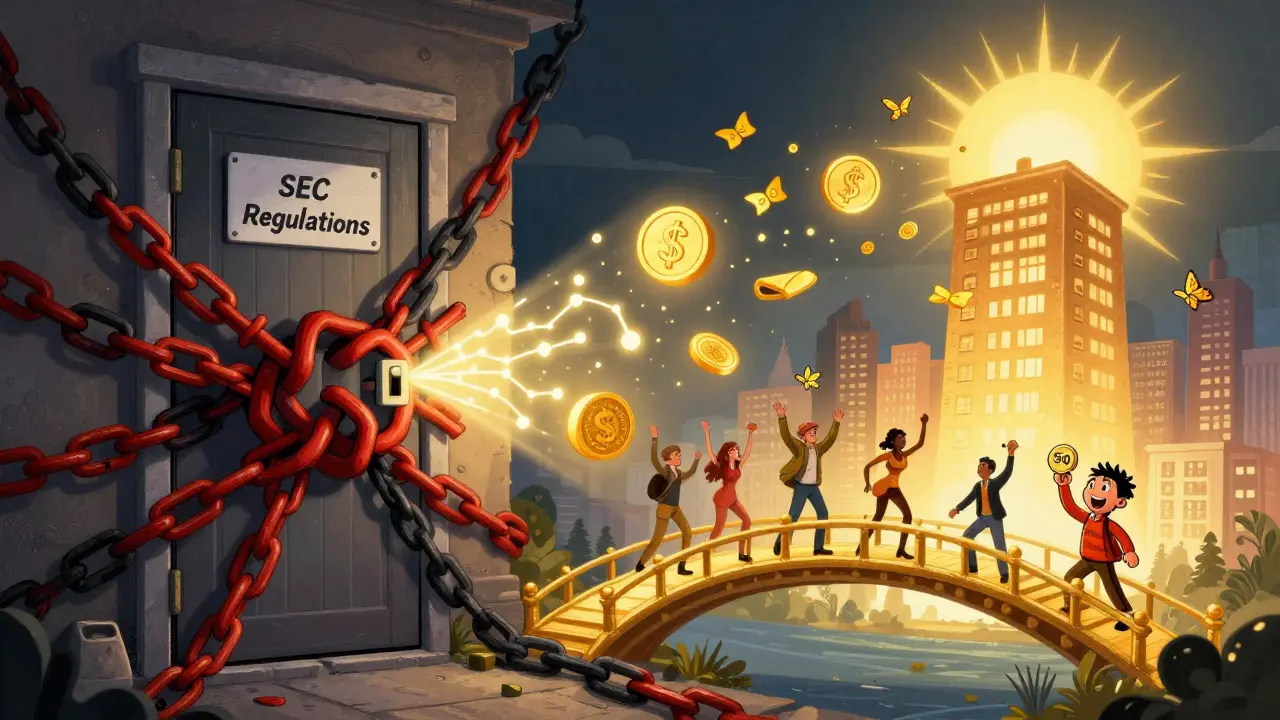 Split scene: blocked EU investors on one side, joyful token owners on the other under a glowing bridge.