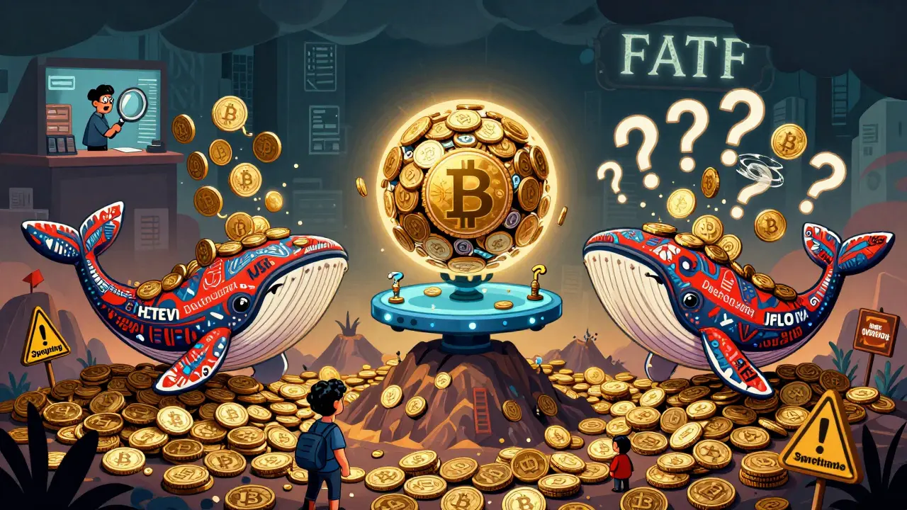 Three ornate whale wallets interact with blockchain symbols in a surreal marketplace, surrounded by warning signs and a curious trader.