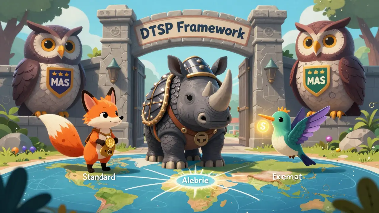 Three spirit animals representing crypto license types stand before a gate labeled 'DTSP Framework', guarded by an owl in a MAS badge.