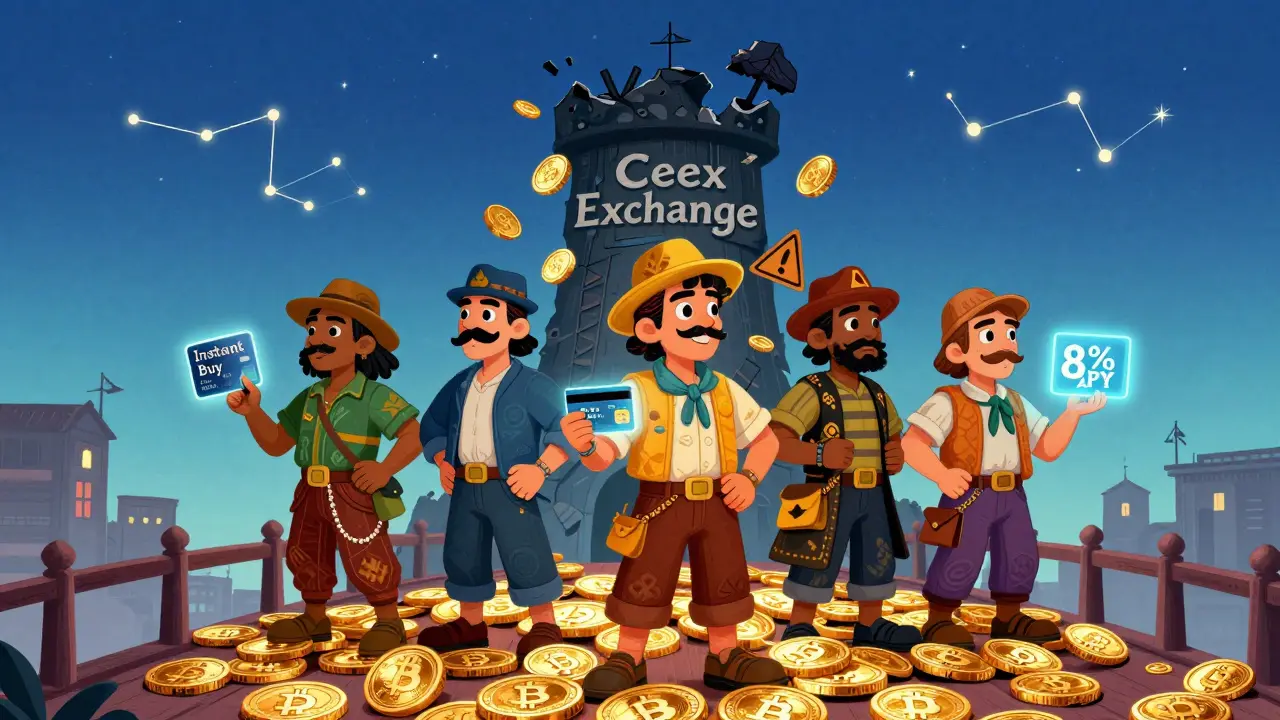 Traders on a crypto bridge with staking rewards as a scam tower crumbles behind them in vibrant folk-art style.