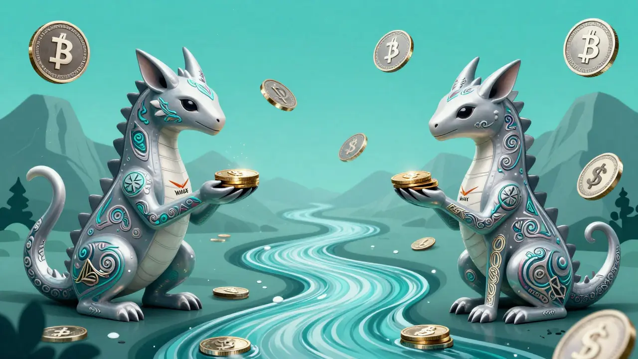 Two-headed Alebrije creature with smooth coin river for low slippage trading