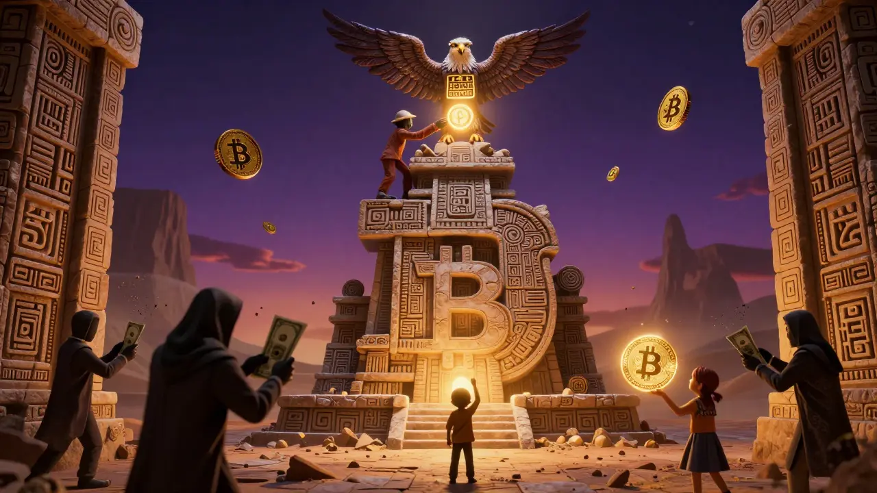 A Bitcoin-shaped temple with a miner offering a coin to an eagle, while fiat money crumbles below in vibrant Alebrije style.