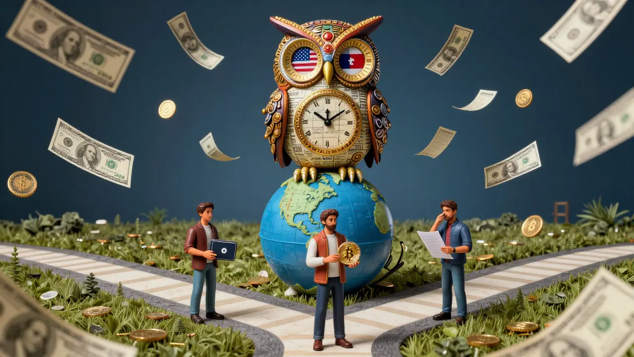 A clockwork owl atop a globe watches three people at a crossroads, representing crypto reporting choices.