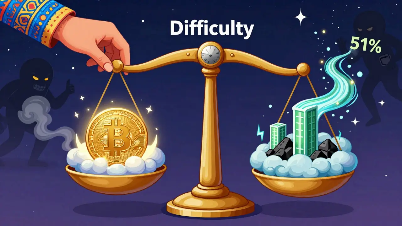 A cosmic scale balances Bitcoin reward against electricity, as difficulty adjusts above renewable energy streams.
