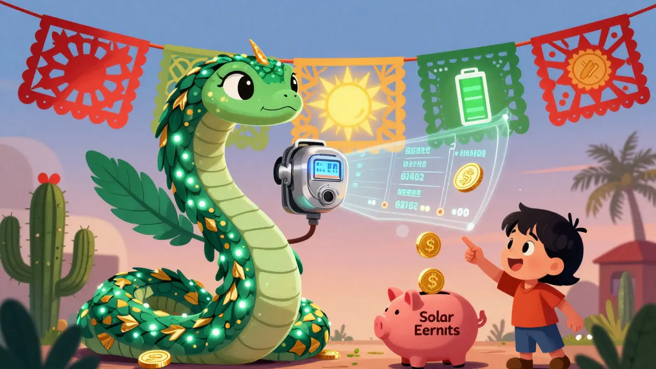 A dancing serpent smart meter displays energy data on a papel picado blockchain banner as a child collects solar earnings.