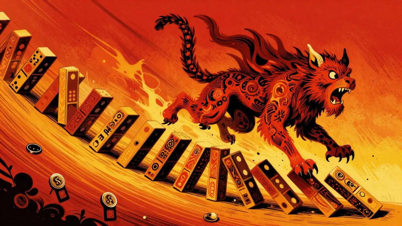 A fantastical beast sliding down a slope of falling dominoes.