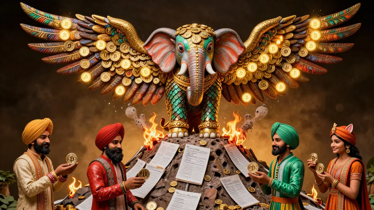 A fantastical hybrid creature made of blockchain scales and crypto tokens, standing atop burning tax forms, while diverse Indians exchange digital coins with animal-faced merchants.