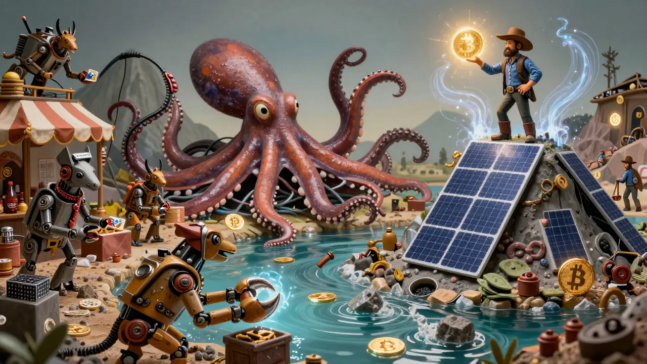 A fantastical mining pool with mechanical animals trading fees, a solar-powered miner holding a winning nonce.