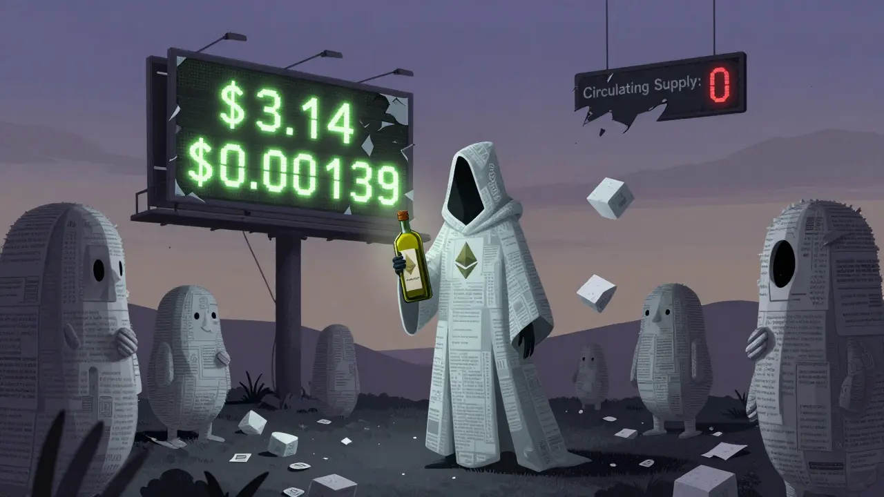 A ghostly figure holding a dark olive oil bottle amid flickering false crypto prices and confused investor creatures.