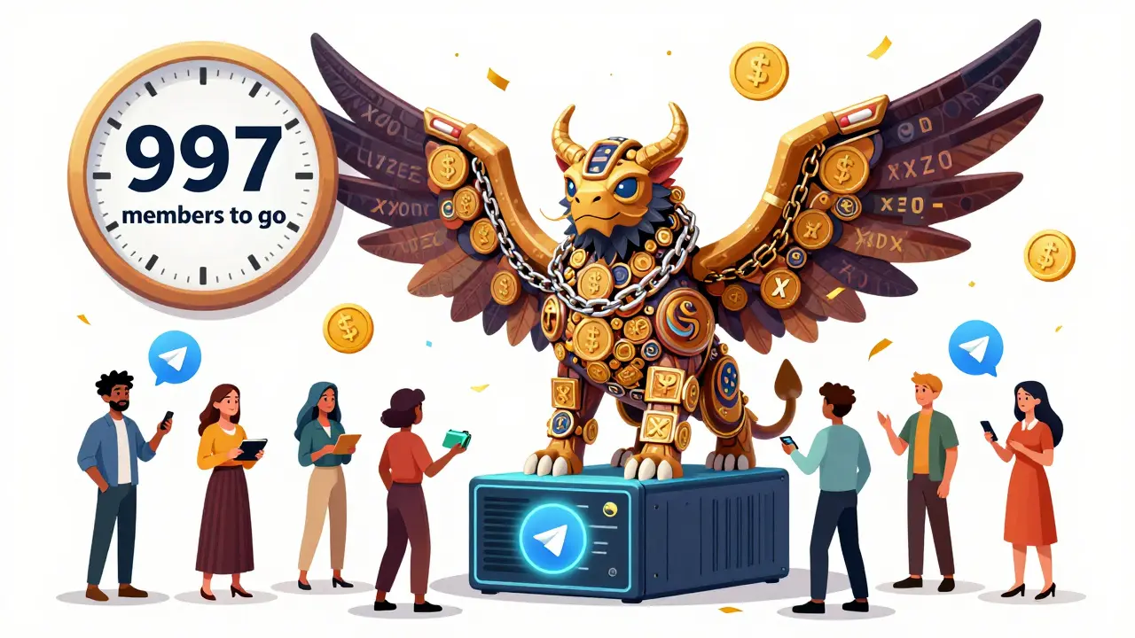 A giant blockchain-themed alebrije beast stands atop a server as people join a Telegram group with token rewards.