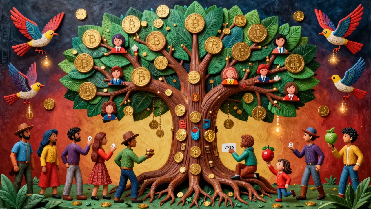 A glowing blockchain tree with staking users and validator birds in colorful Alebrije folk art style.