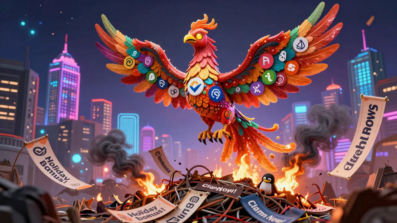A glowing Solana-themed phoenix soaring above burning fake airdrop banners, with real project logos on its feathers.